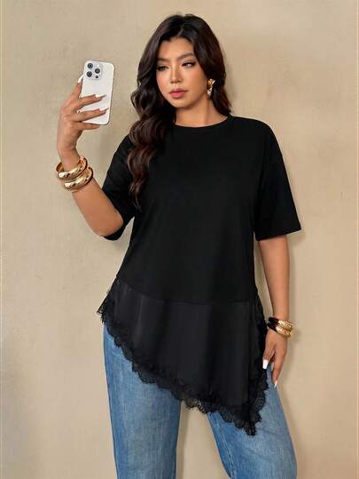 Auralis Plus Size Women's Solid Color Round Neck Short Sleeve Asymmetric Hem Casual T-Shirt Black T-Shirt For Women Casual Going Out T-Shirt For Women Lace Trim T-Shirt For Women