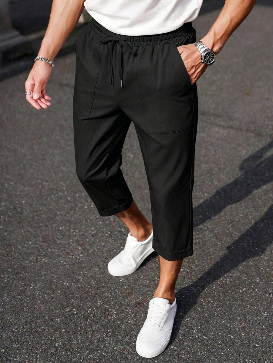 Manfinity Homme Men's Solid Color Drawstring Waist Casual Versatile Daily Wear Pants - Black - View 1