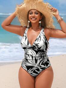 Swim Vcay Baju Renang One-Piece Ukuran Besar dengan Motif Daun Acak, Leher V, Tali Bahu yang Dapat Diatur, Desain Elegan & Seksi untuk Pantai & Liburan - Hitam dan Putih - View 4