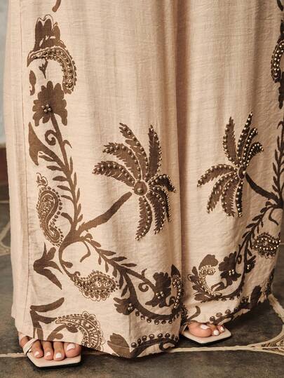 Anewsta Elegante vakantieoutfit voor dames, met kokosboom- en bloemenprint, kralenversiering, losse kaki lange broek, geschikt voor zomervakantie, uitstapjes en dagelijks gebruik.