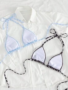Swim Mod Spring/Summer New American Vintage Style Vertical Striped Halter Triangle Cup Bikini Contrast Color Lace Trim Vacation Swimwear Top - Multicolor - View 2