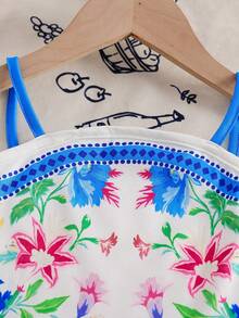 Young Girl Floral Print Camisole + Wide Leg Pants Set, Suitable For Summer Vacation - Blue - View 9