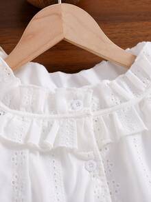 SHEIN 2pcs/Set Girls Casual Ruffle Trim Round Neck Embroidered Lace Vest Top+Denim Flared Leg Pants Suit,Summer,Family Matching,Vacation,Travel Daily Wear - White - View 4