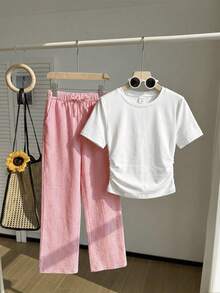 SHEIN Tween Girl Casual Crew Neck Top & Striped Pants Set Tween Girl - Red - View 8