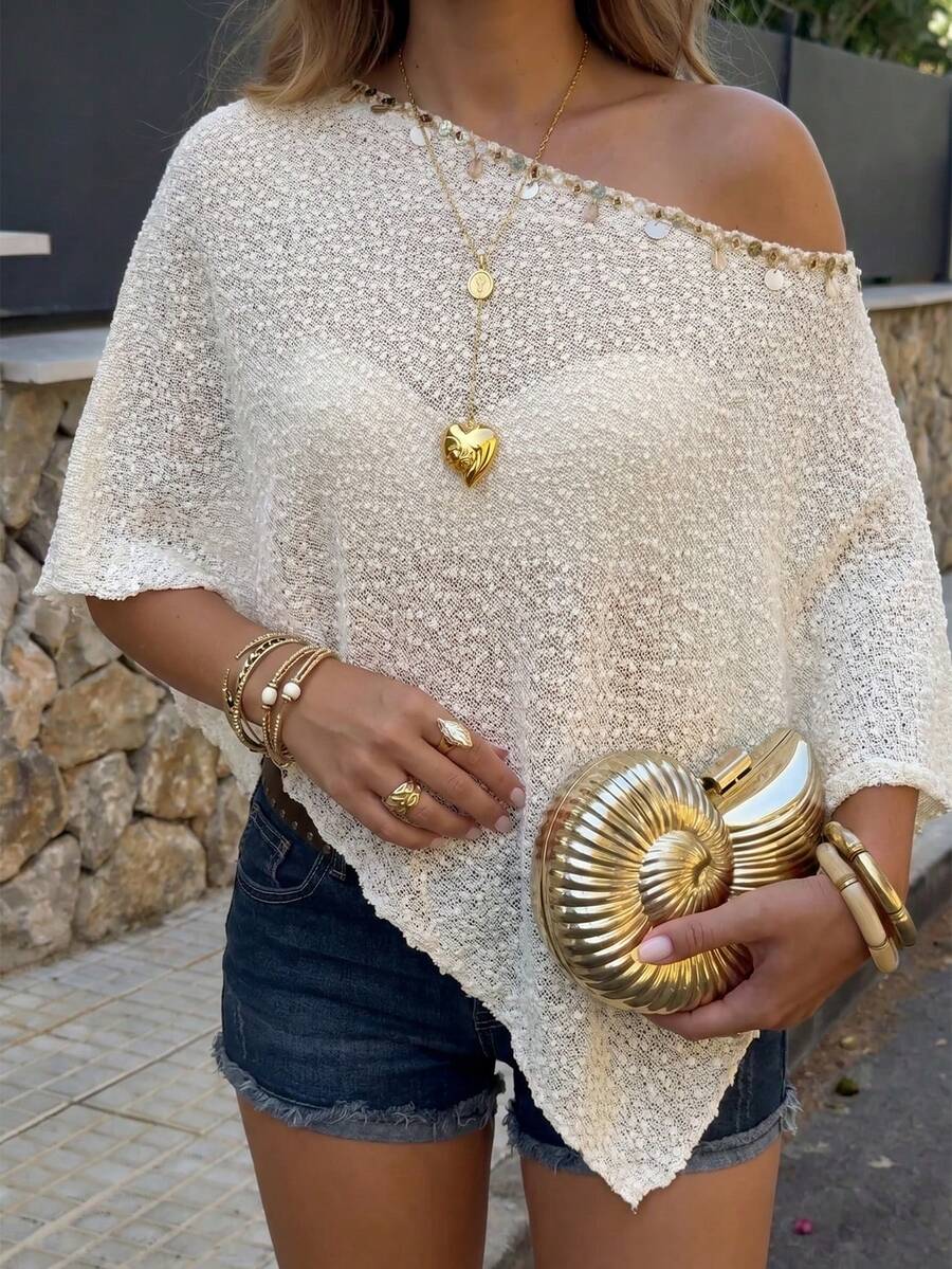 Lucivie Áo kiểu nữ thanh lịch và thoải mái mùa hè, áo lệch vai đính sequin - Áo poncho dệt kim họa tiết vạt bất đối xứng, áo dự tiệc lấp lánh màu trắng với viền sequin, hoàn hảo cho kỳ nghỉ biển và trang phục dự tiệc tối, kiểu poncho thanh lịch thoải mái cho tiệc tùng, kỳ nghỉ biển và mặc hàng ngày, trang phục mùa hè đa năng cho kỳ nghỉ biển, tiệc cưới và các sự kiện buổi tối - trắng - Xem 1