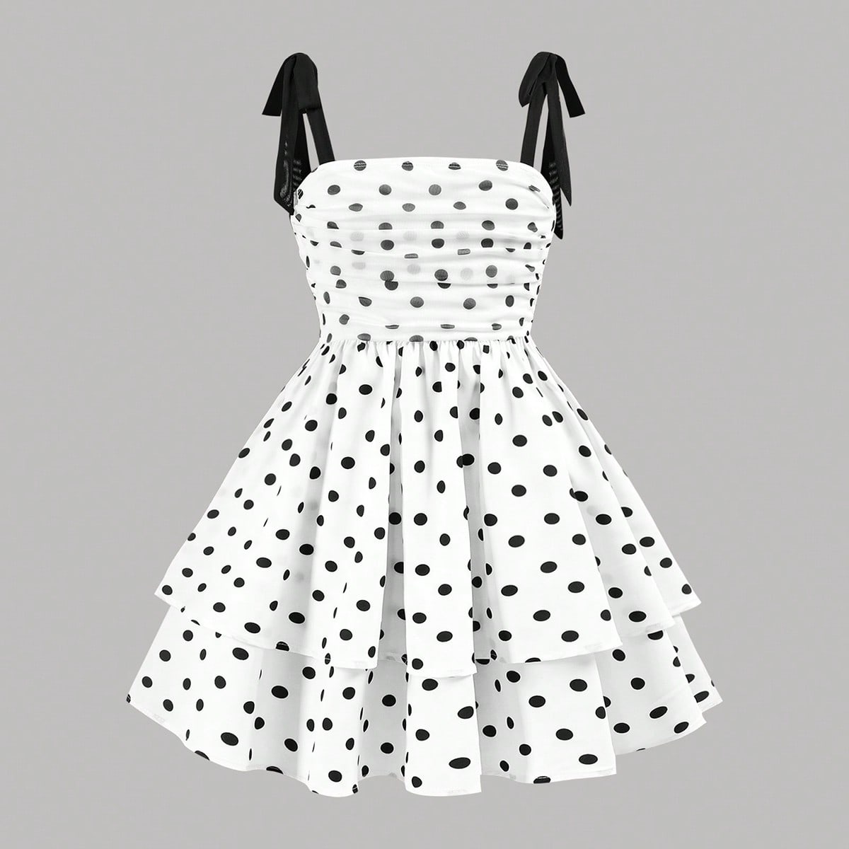 Vestido de tirantes con lunares para niñas/preadolescentes, vestido de malla con volantes plisados en capas con estampado floral diminuto, lindo y el