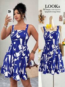 EMERY ROSE Vestido de talla grande con estampado floral y lazo en la cintura para mujer de vacaciones - Azul - Ver 1