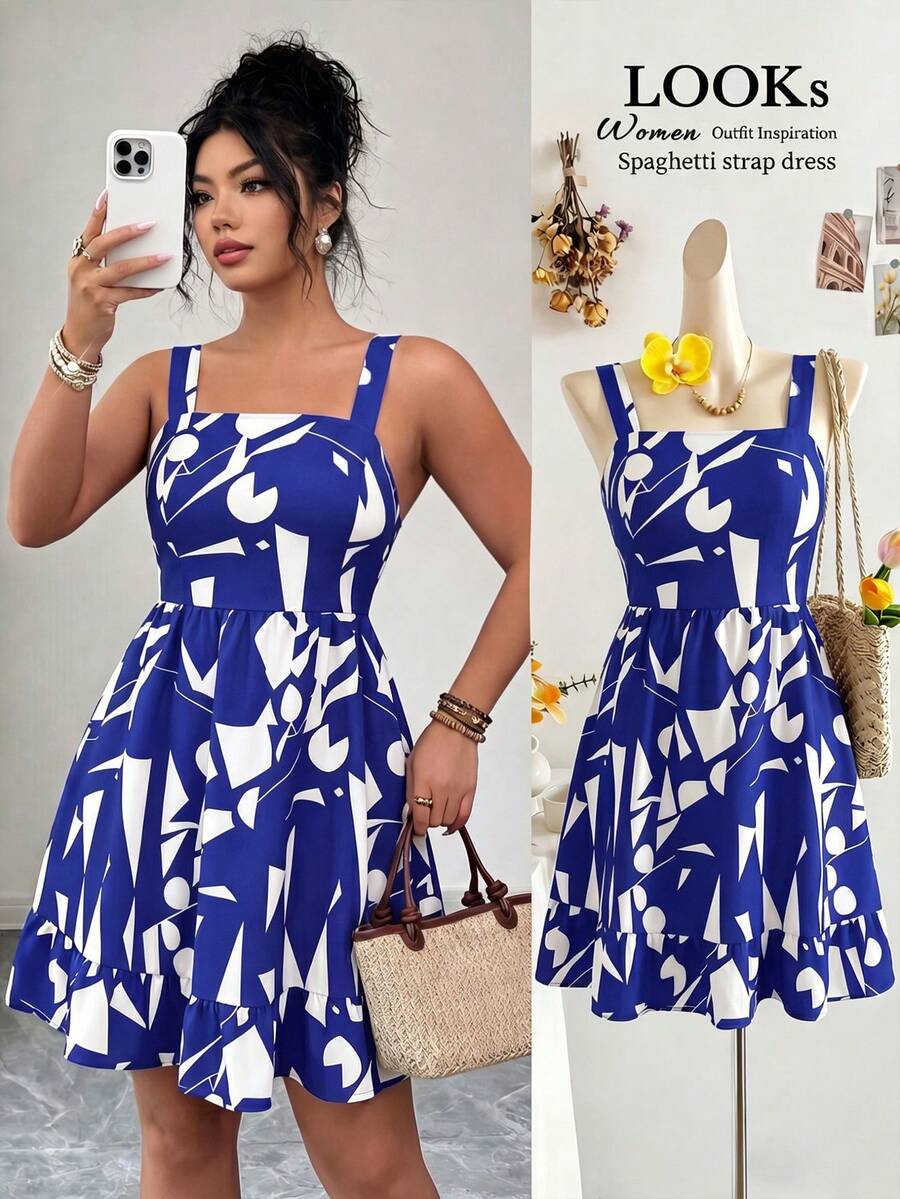 EMERY ROSE Vestido de talla grande con estampado floral y lazo en la cintura para mujer de vacaciones - Azul - Ver 1