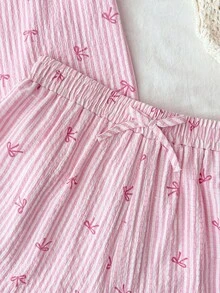 SHEIN 少女粉色条纹蝴蝶结印花休闲度假风短袖上衣和松紧腰短裤两件套，适合日常通勤、优雅场合、派对、约会、家庭聚会、毕业典礼、度假等。 - 粉色 - 查看 7