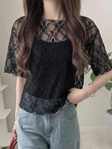 FRIFUL Women's Wavy Striped Loose Contrast Trim Short Sleeve T-Shirt, Summer Casual Wear - Black - View 6
