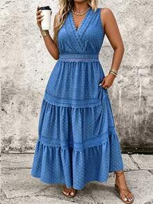 Breezaya Falda con volantes y encaje en escote en V de talla grande, vestido de burbuja casual de vacaciones con estampado de lunares jacquard de índigo azul vaquero de aspecto de mezclilla - Azul - Ver 4