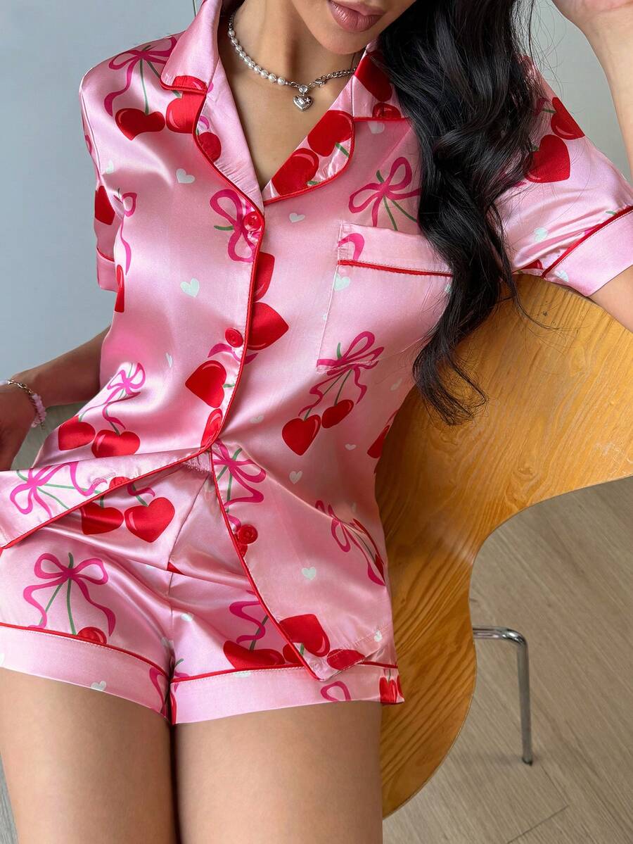 可爱甜美的蝴蝶结、樱桃、爱心印花翻领开衫睡衣套装,女士款,时尚又有趣 - 粉色 - 查看 1