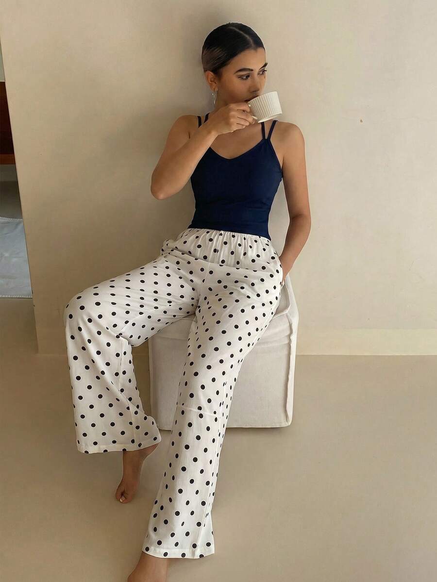 DAZY Women's Solid Color Comfortable Top And Polka Dot Print Casual Lounge Pants Pajama Set Summer - Black - View 1