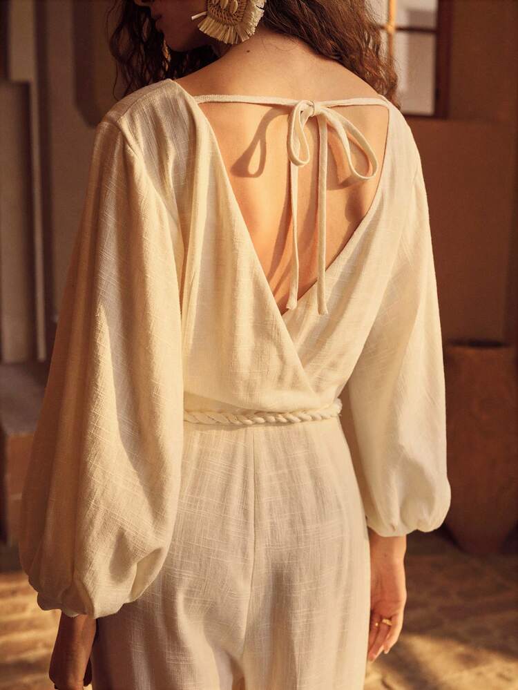 WOMEN'S LINEN BLEND JUMPSUIT, LONG LENGTH, SUITABLE FOR SPRING & SUMMER VACATION