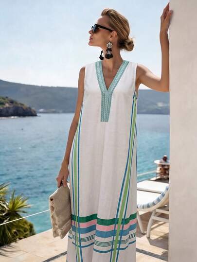 Louniche Sleeveless V-Neck Casual Vacation Elegant Romantic Women Dress