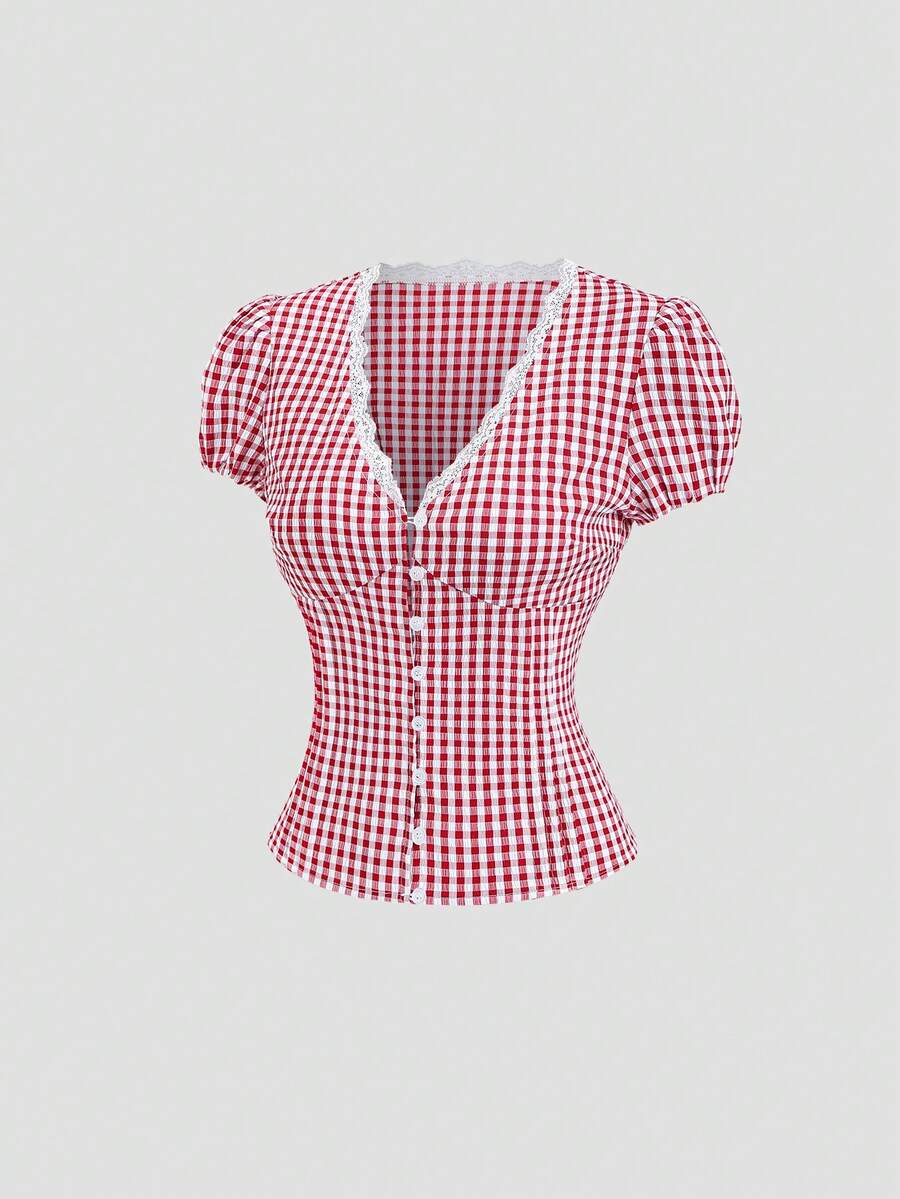 Sweetra 2026 Spring/Summer New Arrival Cute Plaid Shirt, Exquisite Design, Suitable For Picnic & Outdoor Wear - Red - View 1