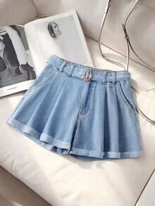 GlowEve Quần short denim nữ thời trang có túi xếp ly, khóa kim loại. - Màu xanh lam - Xem 2