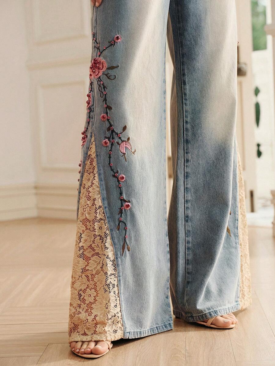 Anewsta Jeans de campana con encaje de contraste bordado de lujo para mujer, estilo de vacaciones - Azul - Ver 1