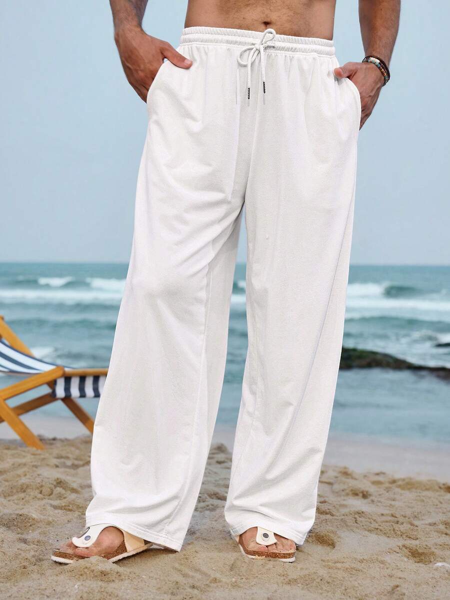 DAZY Loose Elastic Waist Long Curved Hem Sweatpants For Men - White - View 1