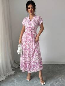 lenzga Vestido midi elegante bohemio para primavera/verano con nuevo diseño francés, de mangas cortas, escote en V, hombros caídos, cintura anudada y falda plisada en estampado azul y blanco - Azul y blanco - Ver 11