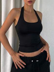 DAZY Women's Backless Halter Neck Fitted Tank Top Halter Top - Black - View 4