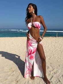Opulessa Spring/Summer Vacation Knit Printed Hollow-Out Spaghetti Strap Slit Dress For Women - Pink - View 5