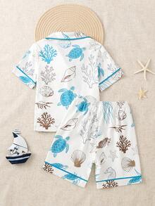 SHEIN 男童休闲日常舒适简约柔软阻燃针织面料海洋主题卡通印花开襟短袖上衣和短裤睡衣套装，春夏款 - 彩色 - 查看 2