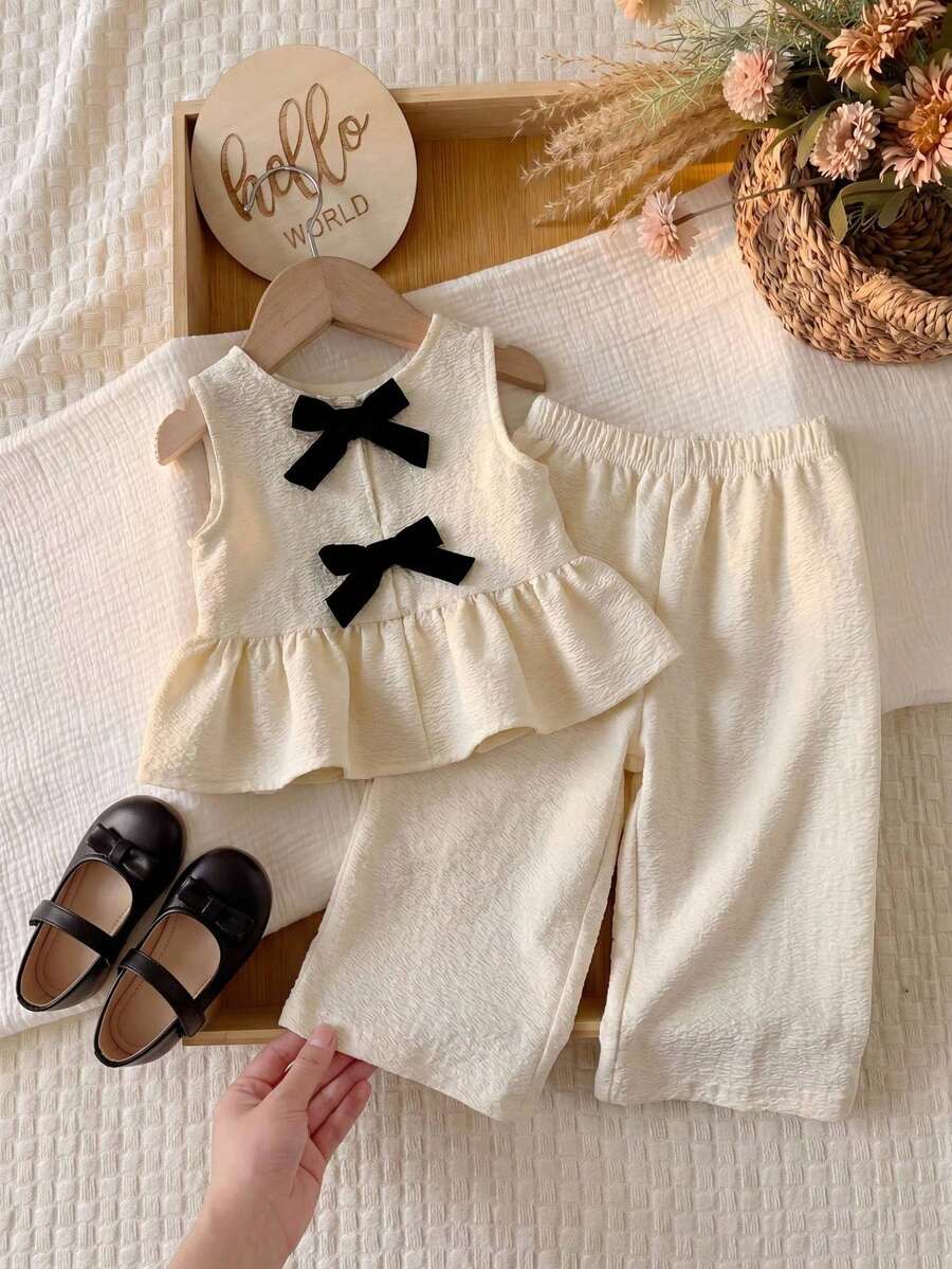 女婴度假休闲可爱杏色蝴蝶结吊带背心和松紧腰裤套装 女童两件套 夏季套装 女童两件套 女童夏季服装 女童夏季套装 - 杏色 - 查看 1