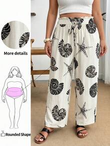Enliva Plus Size Women's Casual Vacation Pants, Ocean Pattern Trousers, For Apple And Rounded Body Shape Beach Black And White Summer - Green - View 1