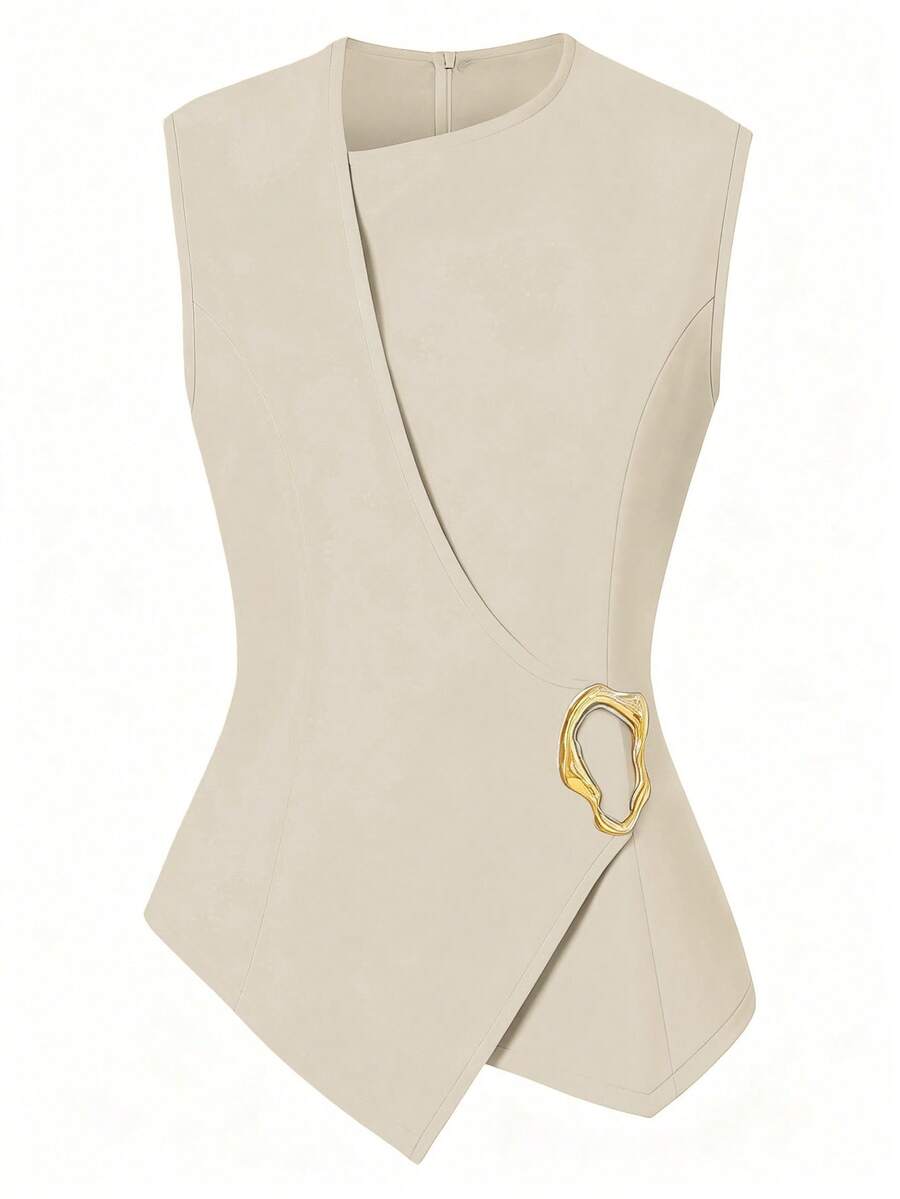 GlowEve CURVE Plus Size Summer Commuter Asymmetric Hem Metal Decor Vest - Khaki - View 1