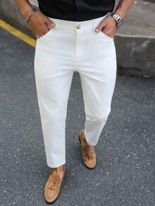 Manfinity Mode Men's Casual Business Daily Commute Slim-Fit Solid Color Suit Pants - White - View 3