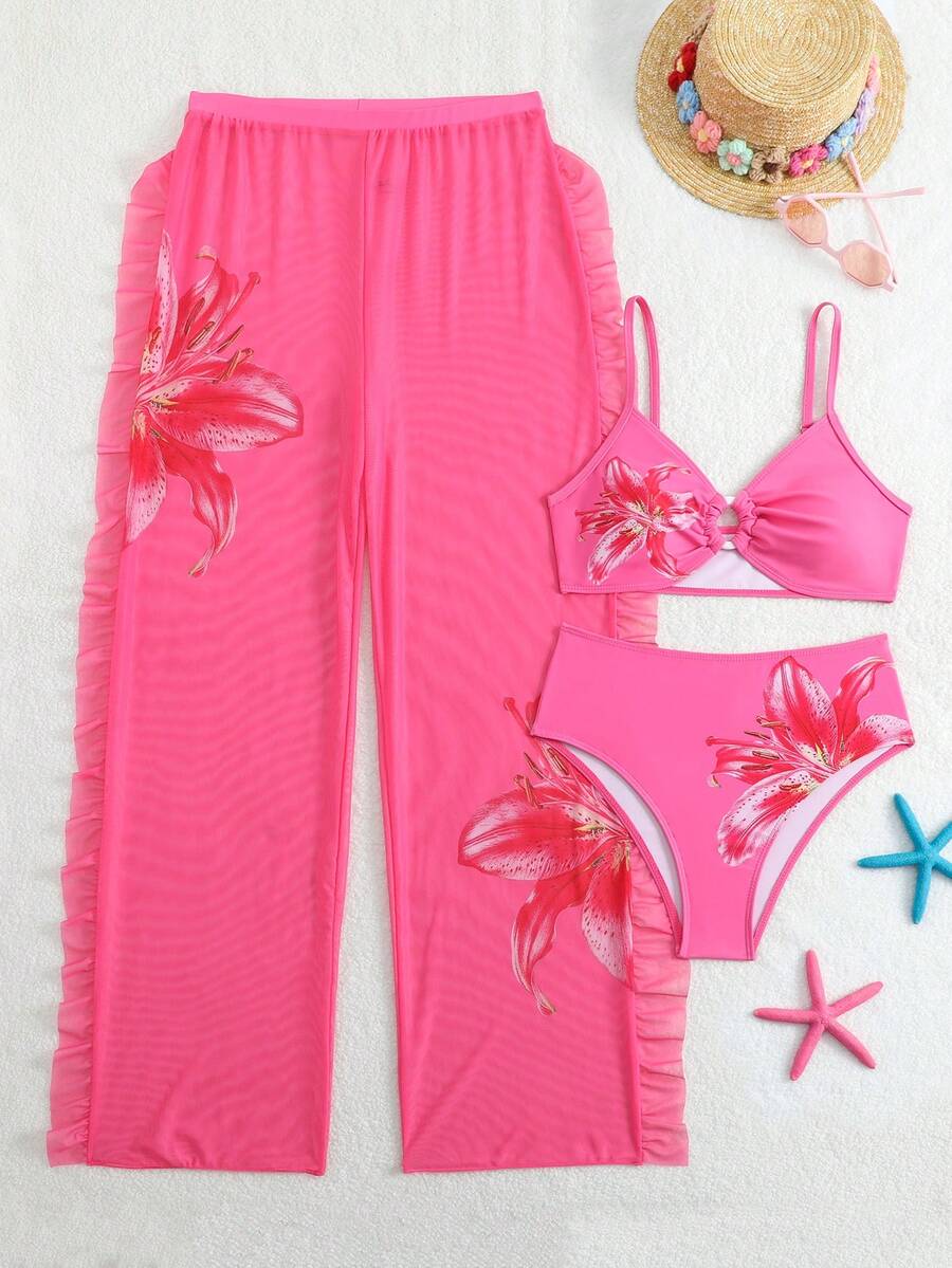 SHEIN 少女三件套比基尼,粉色荷叶边三角上衣和下装,长款纱笼,时尚优雅泳装,适合游泳、度假、夏季穿着(随机印花) - 紅色 - 查看 1
