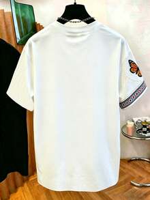 EMERY ROSE Women's Brown T-Shirt, Summer Bali Vacation Faux Embroidery Beaded Pattern Print T-Shirt, Round Neck Loose Elegant Tee Suitable For Daily Wear, Gym - White - View 2