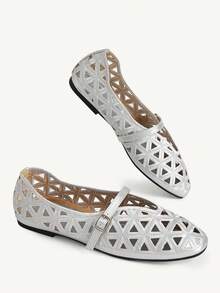 CUCCOO CHICEST Giày bệt nữ thêu rỗng, có khóa, thoải mái - Bạc - Xem 3