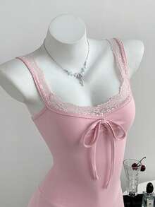 Elamini Women's Contrast Lace Front Tie Romper Night Out Date Night Soft Pink Summer Cute - Pink - View 1