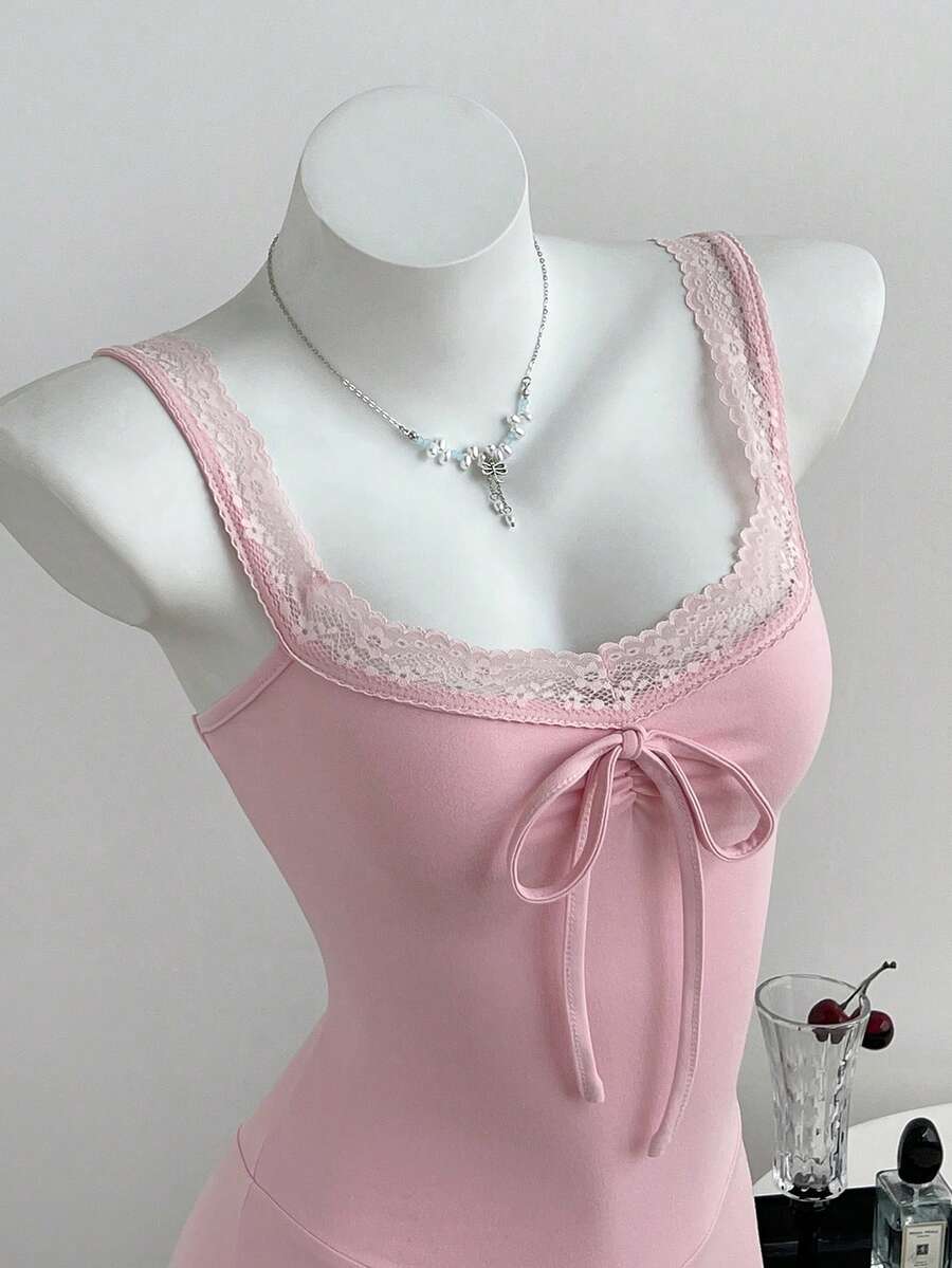 Elamini Women's Contrast Lace Front Tie Romper Night Out Date Night Soft Pink Summer Cute - Pink - View 1