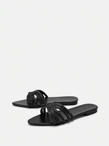 Bholvia 休闲优雅简约露趾尖头平底玻璃水钻套脚舒适女凉鞋，春夏穿搭 - 黑色 - 查看 4