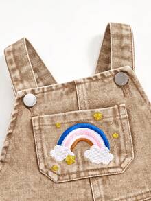 Baby Girls' Denim Overalls, Rainbow & Star Embroidery, Relaxed Fit, Comfortable Washed Denim Bib Pants - Khaki - View 7