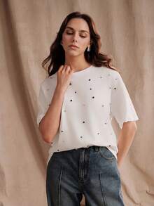 Anewsta Summer Fresh Colorful Rhinestone Embellished Fashion Women's Round Neck Loose T-Shirt - White - View 6
