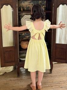 LMoss Kids Young Girl Woven Solid Color Square Neck Ruffle Hem Casual Dress - Mustard Yellow - View 7