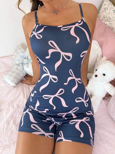 SweetSlumber Cute Bow Decor Camisole Jumpsuit Pajamas For Women