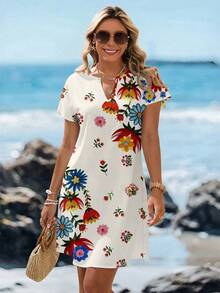 SHEIN LUNE Casual Minimalist V-Neck Short Dress For Women, Suitable For Spring/Summer - Multicolor - View 3