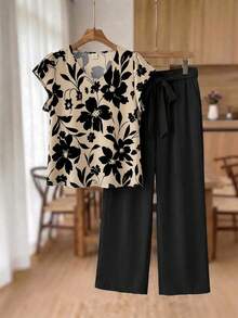 SHEIN Frenchy Bộ đồ 2 món dành cho nữ cỡ lớn, in họa tiết hoa, màu kaki. - Nhiều màu - Xem 7