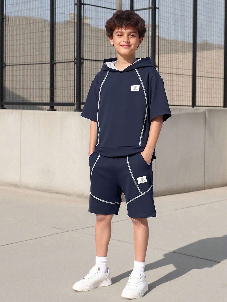 SHEIN 2pcs Boys' Casual White Line Design Hooded Short Sleeve T-Shirt And Knit Shorts 2-Piece Set, Spring/Summer - Navy Blue - View 1