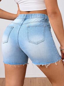 SHEIN Tall CURVE Plus Size Women Distressed Pocket Frayed Hem Casual Denim Shorts - Blue - View 6