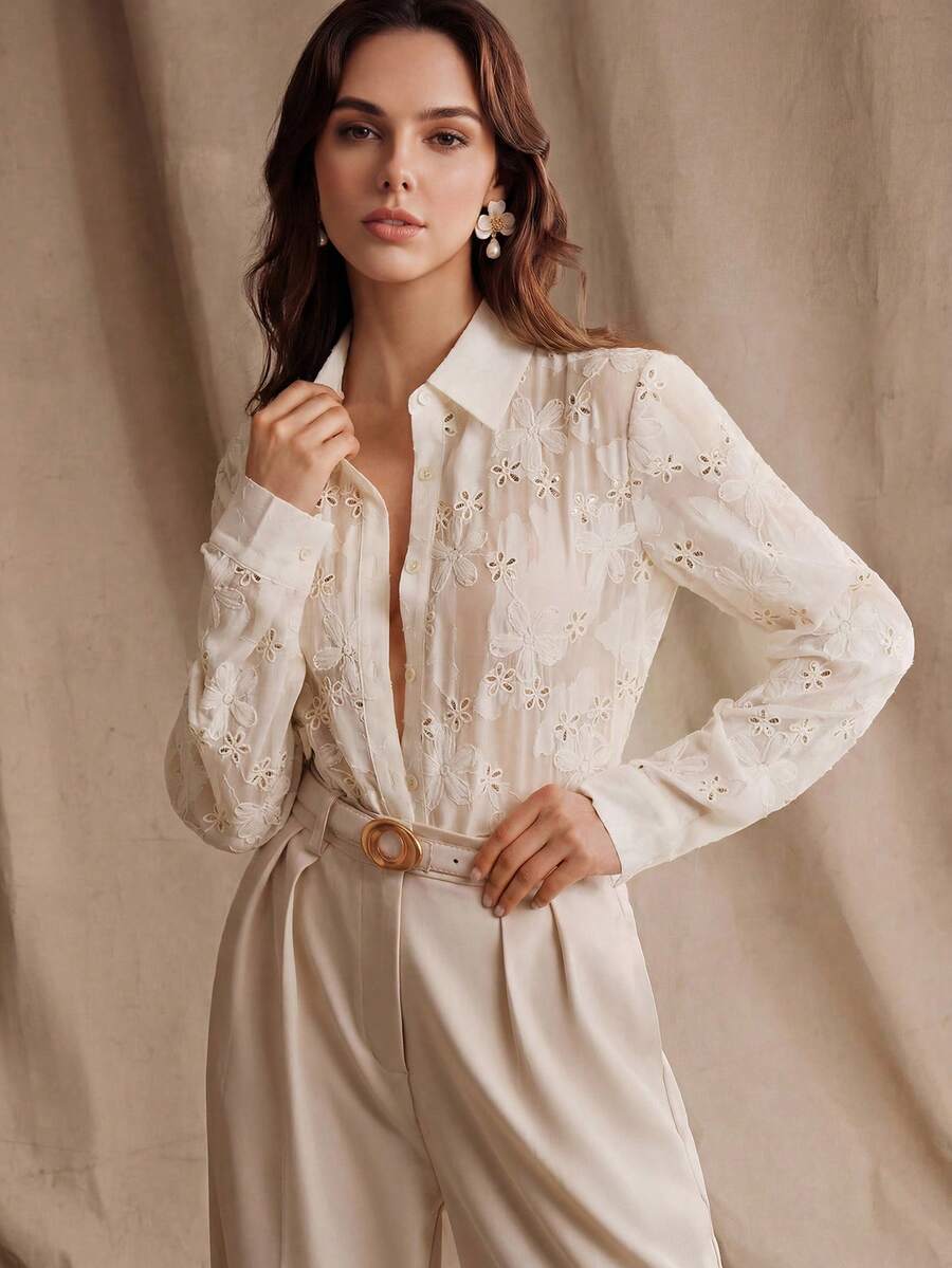 Anewsta Blusa de manga larga elegante y delicada con bordado jacquard para mujer - Albaricoque - Ver 1