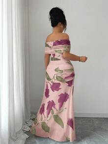 Modelyn Plus Size Women Mesh Printed Off-Shoulder Ruffle Formal Dress - Pink - View 2