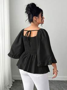 Elenzga Áo kiểu nữ cỡ lớn màu trơn cổ tim ren tan trong nước tay loe hở lưng nơ dáng chữ A thời trang thanh lịch kiểu Pháp lãng mạn thường ngày đi nghỉ mát du lịch hẹn hò đi biển mùa xuân hè - màu đen - Xem 2