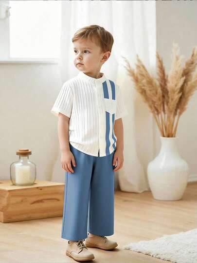 SHEIN Playful Pals 2pcs/Set Young Boy Casual Solid & Striped Short Sleeve Shirt And Pants Set, Suitable For Daily, Vacation, Sports, Summer