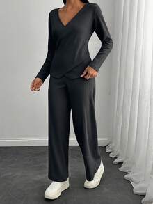 EURMUSE Petite Size Soft Ribbed Jersey Wraparound Long Sleeve Top + Soft Ribbed Pants, Casual Set - Black - View 4